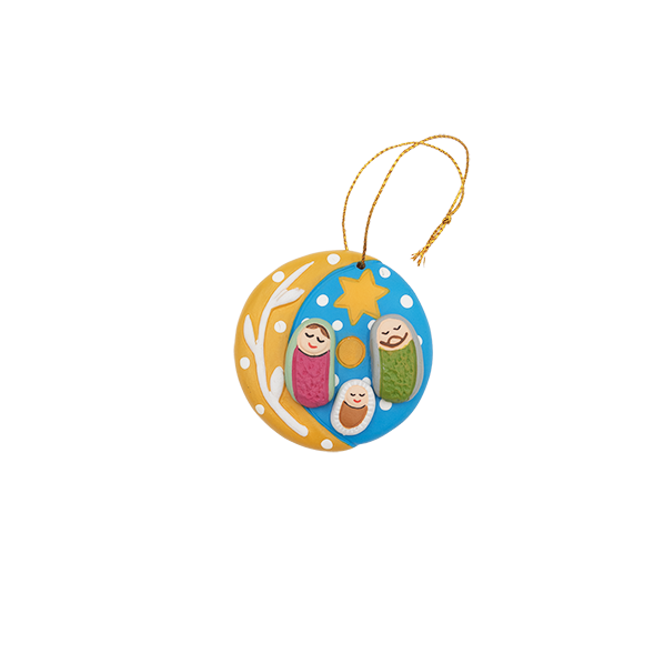 Aardewerk kerststal hanger, geel blauw