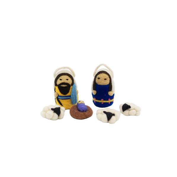Vilten kerstgroep, geel blauw wit